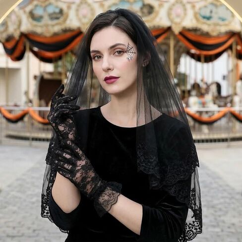 Tucnoeu Black Lace Veil Bridal Embroidered Floral, Halloween Veil with Comb And Gloves, Edge Wedding Veils 2 Tiers, Gothic Veils for Women Brides Wedding Bridal Shower in Kuwait