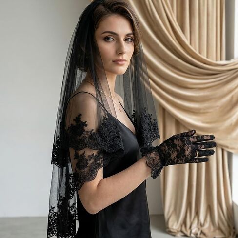 Tucnoeu Black Lace Veil Bridal Embroidered Floral, Halloween Veil with Comb And Gloves, Edge Wedding Veils 2 Tiers, Gothic Veils for Women Brides Wedding Bridal Shower in Kuwait