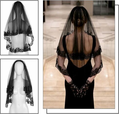 Tucnoeu Black Lace Veil Bridal Embroidered Floral, Halloween Veil with Comb And Gloves, Edge Wedding Veils 2 Tiers, Gothic Veils for Women Brides Wedding Bridal Shower in Kuwait