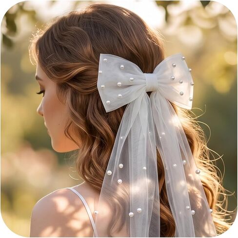 White Bride Bow Veil Girly Coquette Pearl Tulle Hair Bows Clip for Bachelorette Party, Bridal Shower, Wedding Morning, Engagement Photo Accessory in Saudi Arabia