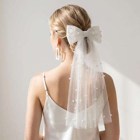 White Bride Bow Veil Girly Coquette Pearl Tulle Hair Bows Clip for Bachelorette Party, Bridal Shower, Wedding Morning, Engagement Photo Accessory in Saudi Arabia