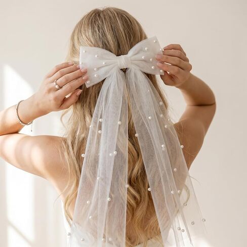 White Bride Bow Veil Girly Coquette Pearl Tulle Hair Bows Clip for Bachelorette Party, Bridal Shower, Wedding Morning, Engagement Photo Accessory in Saudi Arabia