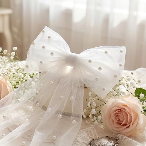 White Bride Bow Veil Girly Coquette Pearl Tulle Hair Bows Clip for Bachelorette Party, Bridal Shower, Wedding Morning, Engagement Photo Accessory in Saudi Arabia