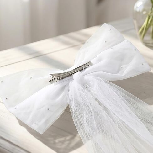 White Bride Bow Veil Girly Coquette Pearl Tulle Hair Bows Clip for Bachelorette Party, Bridal Shower, Wedding Morning, Engagement Photo Accessory in Saudi Arabia
