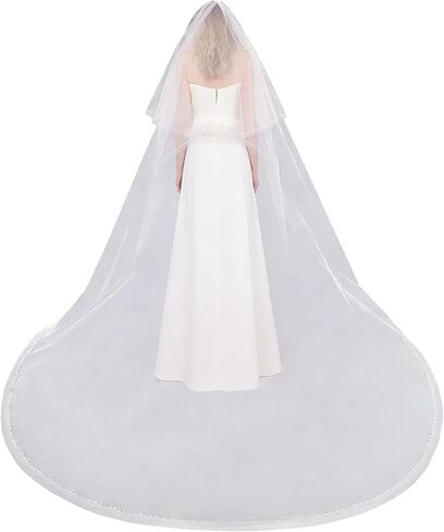 Ivory Long Wedding Veil Cathedral Length Wedding Veil with blusher Bridal pearl Veils For Women Wedding Bridal Tulle Hair Accessoies with Comb and Pearls Edg, 137 Inches in Saudi Arabia