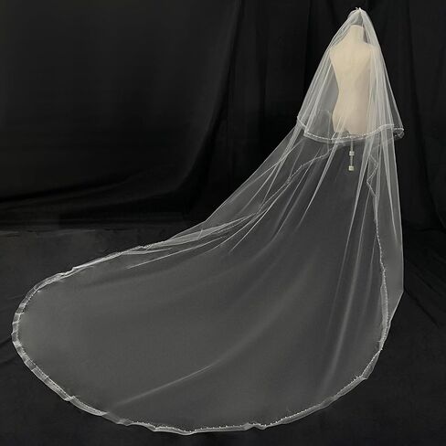Ivory Long Wedding Veil Cathedral Length Wedding Veil with blusher Bridal pearl Veils For Women Wedding Bridal Tulle Hair Accessoies with Comb and Pearls Edg, 137 Inches in Saudi Arabia