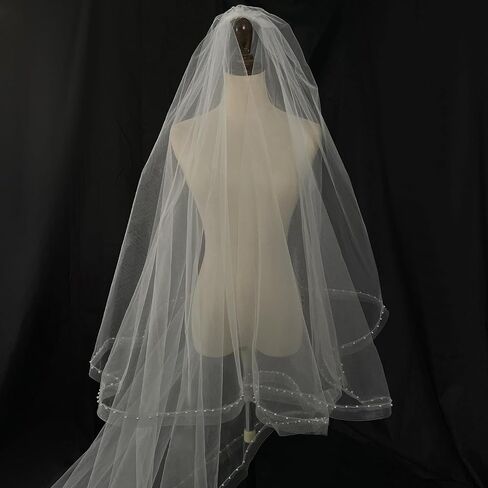 Ivory Long Wedding Veil Cathedral Length Wedding Veil with blusher Bridal pearl Veils For Women Wedding Bridal Tulle Hair Accessoies with Comb and Pearls Edg, 137 Inches in Saudi Arabia