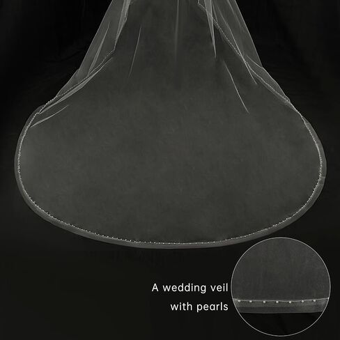 Ivory Long Wedding Veil Cathedral Length Wedding Veil with blusher Bridal pearl Veils For Women Wedding Bridal Tulle Hair Accessoies with Comb and Pearls Edg, 137 Inches in Saudi Arabia