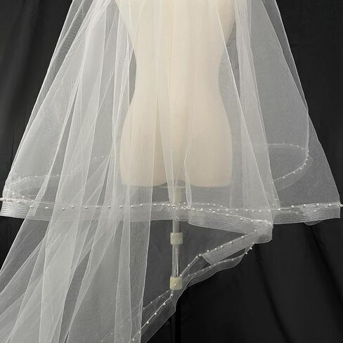 Ivory Long Wedding Veil Cathedral Length Wedding Veil with blusher Bridal pearl Veils For Women Wedding Bridal Tulle Hair Accessoies with Comb and Pearls Edg, 137 Inches in Saudi Arabia