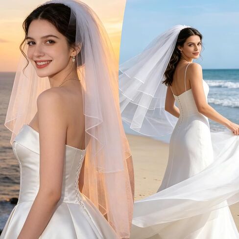 2-Tier Wedding Veils for Brides, Bridal Veils for Wedding, Waist Length Weddings Veil, Bridal Tulle with Comb, Pencil Edge in Saudi Arabia