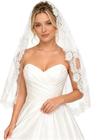 Mantilla Wedding Veil with Lace Edge and Metal Comb, Bridal Veils for Wedding 35.4 in, Soft Tulle Chapel Style Mantilla Lace Veil for Bride Wedding Ceremony and Photos in Kuwait