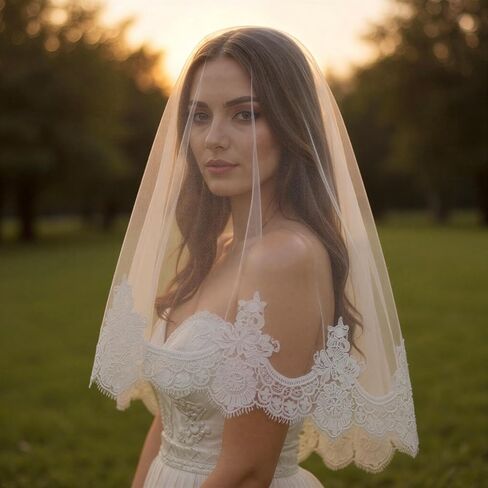 Mantilla Wedding Veil with Lace Edge and Metal Comb, Bridal Veils for Wedding 35.4 in, Soft Tulle Chapel Style Mantilla Lace Veil for Bride Wedding Ceremony and Photos in Kuwait