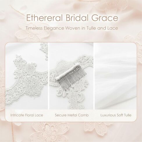 Mantilla Wedding Veil with Lace Edge and Metal Comb, Bridal Veils for Wedding 35.4 in, Soft Tulle Chapel Style Mantilla Lace Veil for Bride Wedding Ceremony and Photos in Kuwait