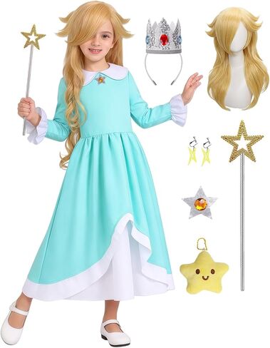 Girls Princess Dress with Accessories, Blue Princess Dress with Wig Wand Crown Earrings and Star Earrings in Saudi Arabia