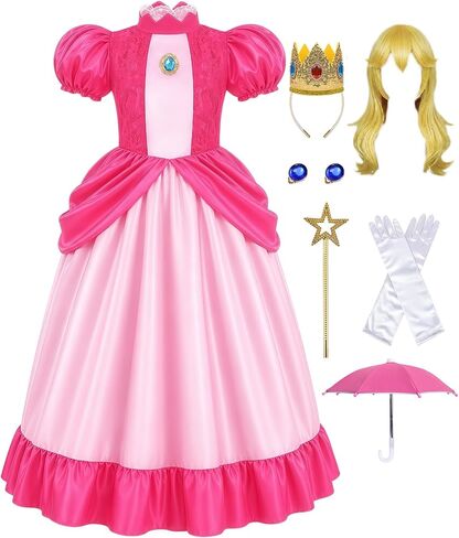 Girls Princess Dress with Accessories, Blue Princess Dress with Wig Wand Crown Earrings and Star Earrings in Saudi Arabia