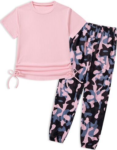 Girls Clothes Ruched Drawstring Short Sleeve Knit Top and Camo Print Pants 2 Piece Girls Outfits in Saudi Arabia