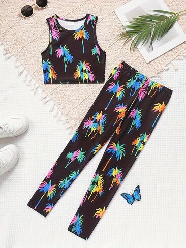 Girls Crop Top and Leggings Set Sleeveless Summer Outfit High Waist Fitted 2 Piece Casual Sporty Wear in Kuwait