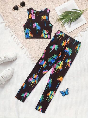 Girls Crop Top and Leggings Set Sleeveless Summer Outfit High Waist Fitted 2 Piece Casual Sporty Wear in Kuwait