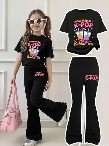 Girls' Fashion Printed T-Shirt & Flared Pants Set, Casual 2-Piece Outfit for Daily Wear in Kuwait