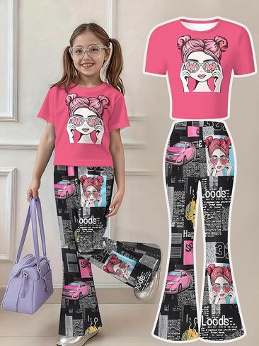 Girls' Fashion Printed T-Shirt & Flared Pants Set, Casual 2-Piece Outfit for Daily Wear in Kuwait