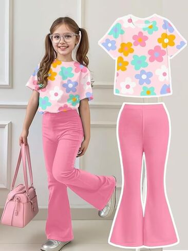 Girls' flared pants set, fashionable girl's short-sleeved long flared pants for casual outings in Kuwait