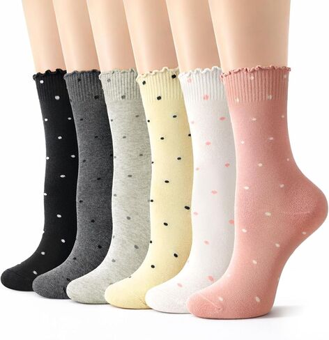 6 Pairs Women's Ruffle Socks Casual Polka Dot Crew Frilly Socks Breathable Cute Cotton Sock Gift for Women Girls in Kuwait