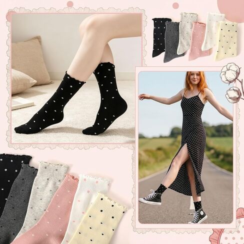 6 Pairs Women's Ruffle Socks Casual Polka Dot Crew Frilly Socks Breathable Cute Cotton Sock Gift for Women Girls in Kuwait