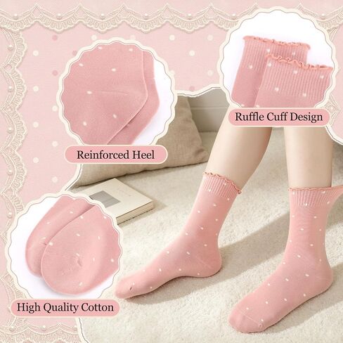 6 Pairs Women's Ruffle Socks Casual Polka Dot Crew Frilly Socks Breathable Cute Cotton Sock Gift for Women Girls in Kuwait
