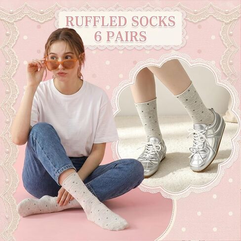 6 Pairs Women's Ruffle Socks Casual Polka Dot Crew Frilly Socks Breathable Cute Cotton Sock Gift for Women Girls in Kuwait