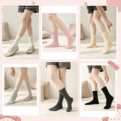 6 Pairs Women's Ruffle Socks Casual Polka Dot Crew Frilly Socks Breathable Cute Cotton Sock Gift for Women Girls in Kuwait