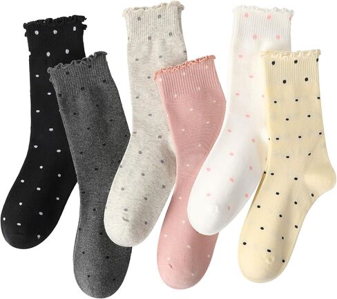 6 Pairs Women's Ruffle Socks Casual Polka Dot Crew Frilly Socks Breathable Cute Cotton Sock Gift for Women Girls in Kuwait