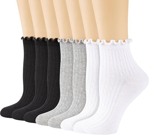eallco 7 Pairs Ruffle Socks Womens Ankle Cotton Cute Frilly Lettuce Edge Breathable crew Casual socks in Saudi Arabia
