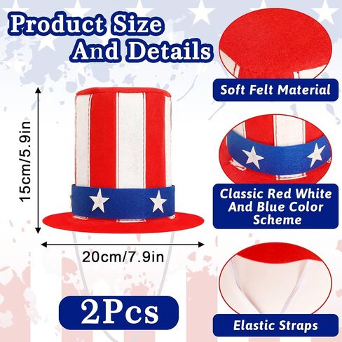 2 PCS Patriotic Mini Felt Top Hat, 4th of July Uncle Sam Red White Blue Independence Day American Flag Memorial Day Costume Accessories Unisex Adult Party Supplies in Saudi Arabia