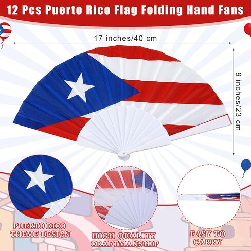 AceOrbit 12 Pcs Puerto Rico Flag Folding Hand Fans Souvenir Gifts 7 Inches Clacking Red White Blue Fans for Line Dancing Patriotic Country Flag Design for Independence Parade Festival Celebration in Saudi Arabia