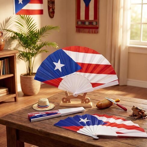 AceOrbit 12 Pcs Puerto Rico Flag Folding Hand Fans Souvenir Gifts 7 Inches Clacking Red White Blue Fans for Line Dancing Patriotic Country Flag Design for Independence Parade Festival Celebration in Saudi Arabia
