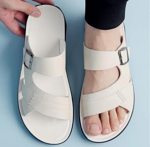 Men's Leather Sandals Slide Beach Outdoor Round Flip Flops Slip on Slippers in Kuwait