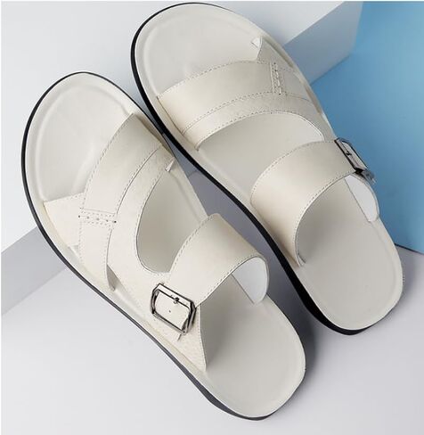 Men's Leather Sandals Slide Beach Outdoor Round Flip Flops Slip on Slippers in Kuwait