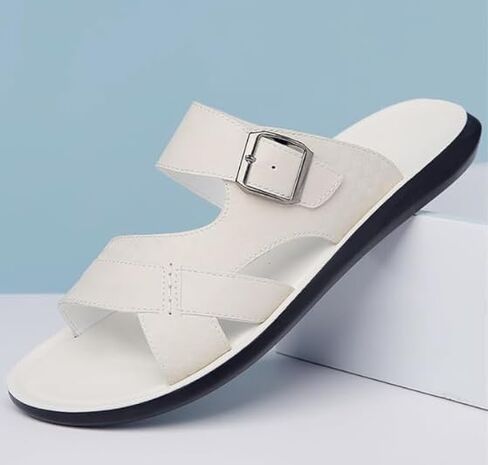 Men's Leather Sandals Slide Beach Outdoor Round Flip Flops Slip on Slippers in Kuwait