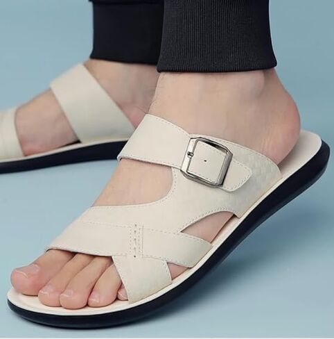Men's Leather Sandals Slide Beach Outdoor Round Flip Flops Slip on Slippers in Kuwait