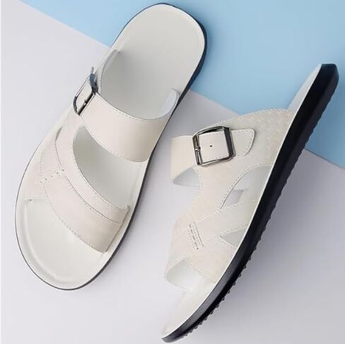 Men's Leather Sandals Slide Beach Outdoor Round Flip Flops Slip on Slippers in Kuwait
