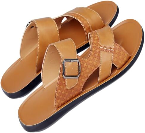 Men's Leather Sandals Slide Beach Outdoor Round Flip Flops Slip on Slippers in Kuwait