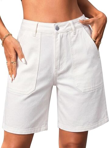 ELLEVEN Womens Denim Bermuda Shorts Elastic Waist, Stretchy Jean Trendy Summer Long Jorts with Big Pockets in Saudi Arabia