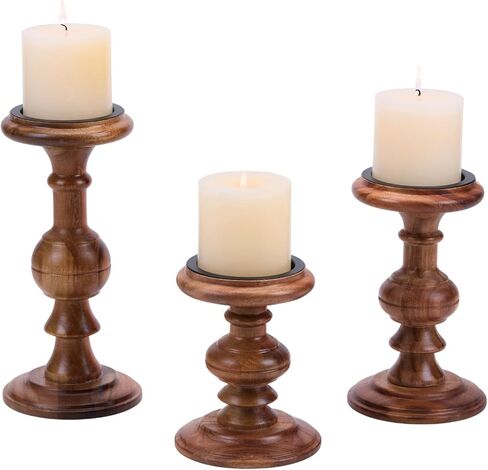Solid Acacia Wood Candle Holders for Pillar Candles, 3-Piece Vintage Rustic Tall Modern Farmhouse Set, Decorative Wooden Candlestick Stand for Fireplace Mantel, Table Centerpiece in Saudi Arabia
