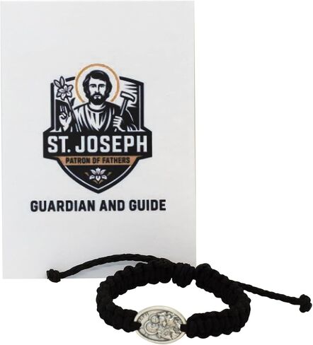 St. Joseph Patron of Fathers Black Cord Macrame Bracelet with Saint Joseph and Holy Family Medal and Prayer Card | Great Catholic Gift in Kuwait