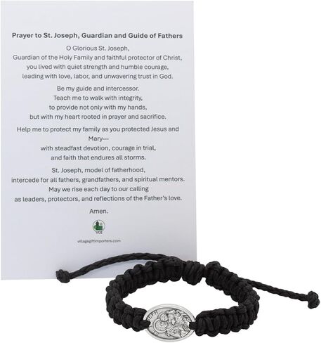 St. Joseph Patron of Fathers Black Cord Macrame Bracelet with Saint Joseph and Holy Family Medal and Prayer Card | Great Catholic Gift in Kuwait