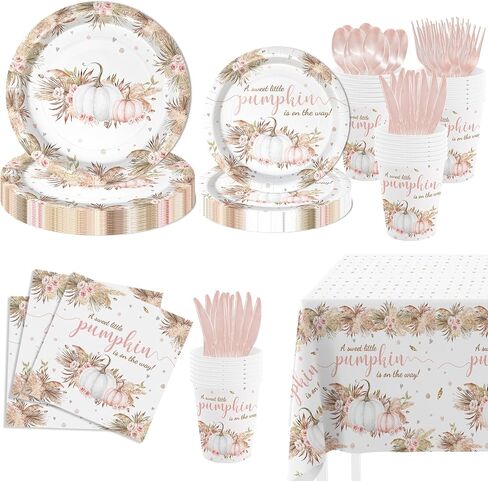 MEHOFOND Boho Fall Pumpkin Baby Shower Decorations Bohemia Floral Little Pumpkin Party Supplies Disposable Tableware Set 194 Pcs Plates Napkins Banners Plastic Tablecloth for Baby Shower Kids Party in Saudi Arabia