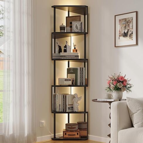 Industrial Corner Shelf with LED Lights & Mirror-Effect Panels, 6-Tier Modern Corner Bookshelf with Remote Control Color-Changing Lights, Space-Saving Display Unit for Bedroom & Living Room in Saudi Arabia