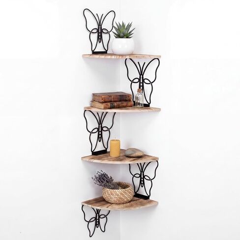4 Tier Black Butterfly Wall Mount Corner Shelves Floating Corner Storage Wood Shelves Decorative Rustic Butterfly Wall Decor for Bedroom Living Room Bathroom Home Kitchen in Saudi Arabia