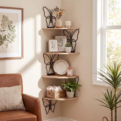 4 Tier Black Butterfly Wall Mount Corner Shelves Floating Corner Storage Wood Shelves Decorative Rustic Butterfly Wall Decor for Bedroom Living Room Bathroom Home Kitchen in Saudi Arabia