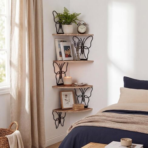 4 Tier Black Butterfly Wall Mount Corner Shelves Floating Corner Storage Wood Shelves Decorative Rustic Butterfly Wall Decor for Bedroom Living Room Bathroom Home Kitchen in Saudi Arabia